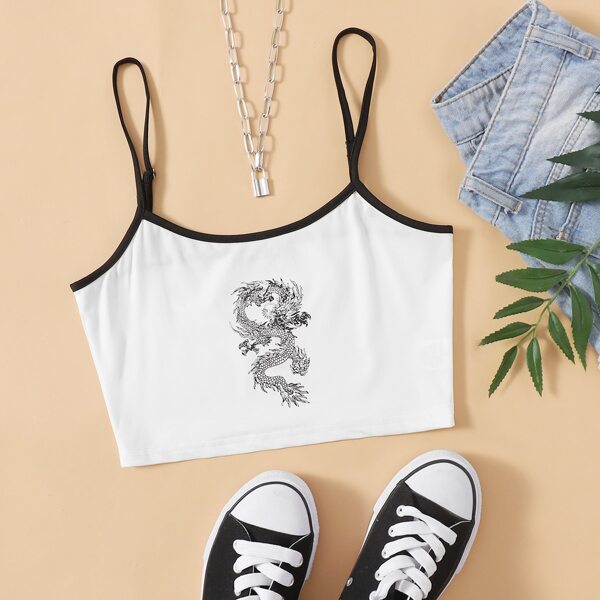 

Chinese Dragon Graphic Contrast Binding Cami Top, White