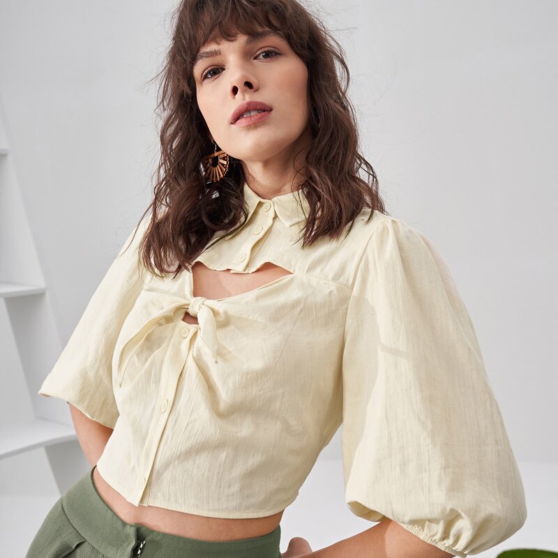 

Collared Lantern Sleeve Cut Out Knot Front Blouse, Beige
