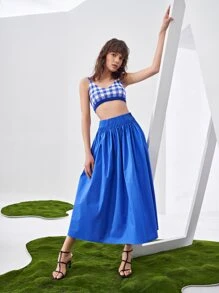 SHEIN Solid Pleated Detail Skirt - Blue - View 1