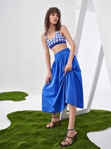 SHEIN Solid Pleated Detail Skirt - Blue - View 4
