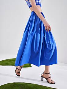 SHEIN Solid Pleated Detail Skirt - Blue - View 5