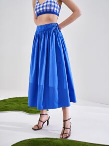 SHEIN Solid Pleated Detail Skirt - Blue - View 6