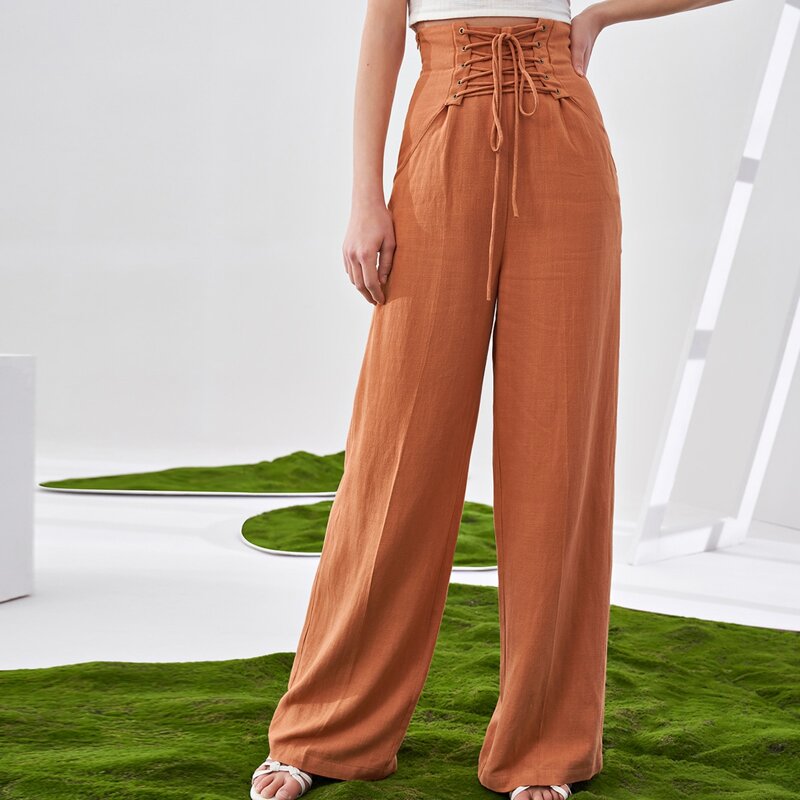 

Lace Up Waist Wide Leg Pants, Orange