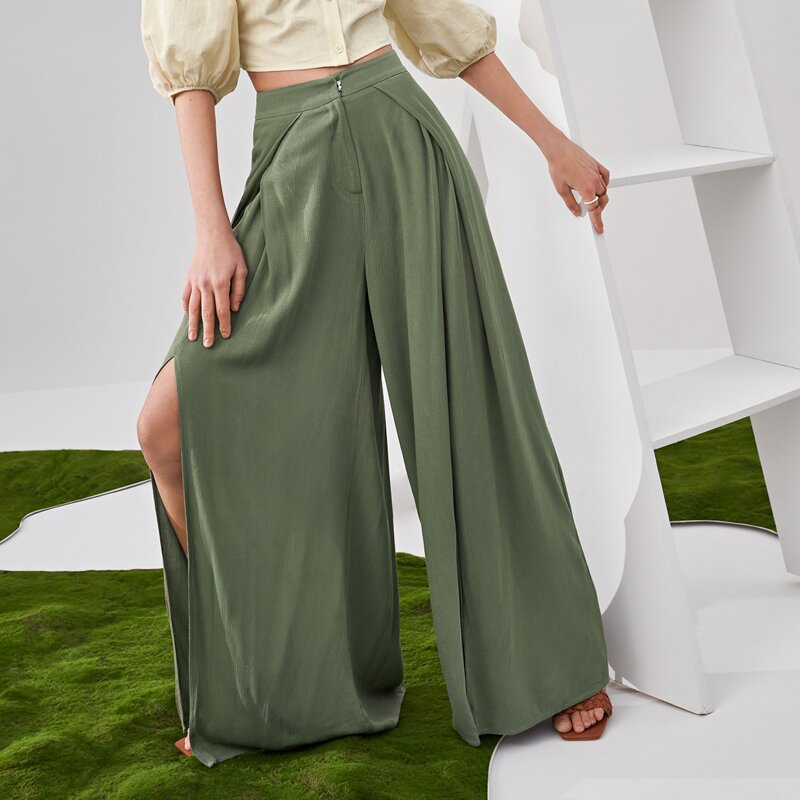 

Split High Wide Leg Pants, Army green