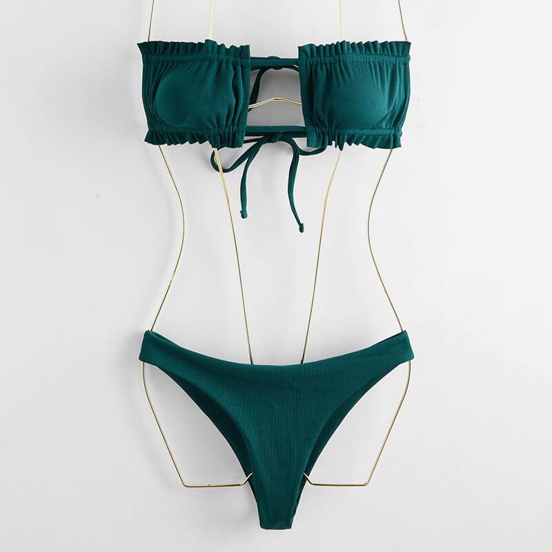 

Frill Trim Bandeau Bikini Swimsuit, Dark green