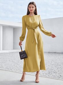 Modelyn Solid Tie Front Wrap A-line Dress - Mustard Yellow - View 1