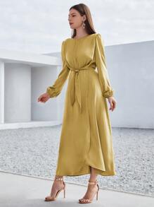 Modelyn Solid Tie Front Wrap A-line Dress - Mustard Yellow - View 3