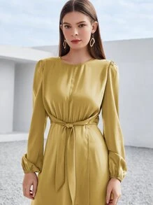 Modelyn Solid Tie Front Wrap A-line Dress - Mustard Yellow - View 4