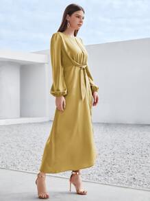 Modelyn Solid Tie Front Wrap A-line Dress - Mustard Yellow - View 5