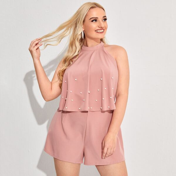

Plus Pearls Front Halter Romper, Pink