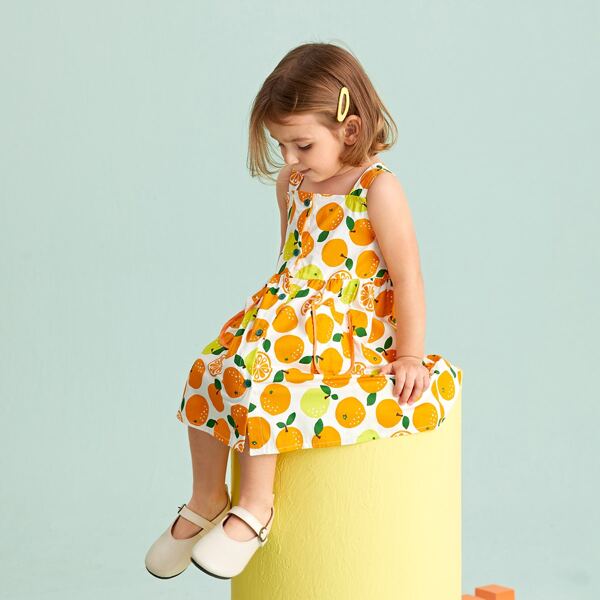 

Toddler Girls Patch Pocket Orange Print Overall Dress, Multicolor