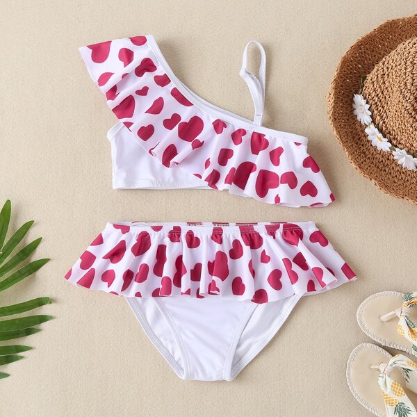 

Toddler Girls Heart Pattern Ruffle Trim Bikini Swimsuit, Red and white