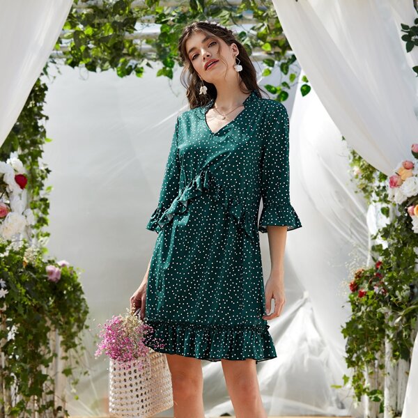 

Polka Dot Notched Neck Ruffle Hem Flounce Sleeve Dress, Dark green