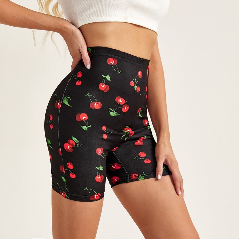 

Cherry Print Biker Shorts, Black