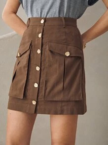 SHEIN Unity Falda Sólida Con Bolsillo Frontal Abotonado - Marrón Chocolate - Ver 3