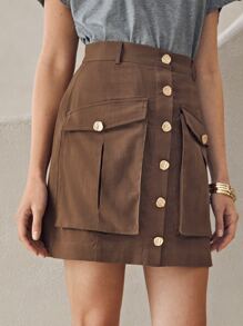 SHEIN Unity Falda Sólida Con Bolsillo Frontal Abotonado - Marrón Chocolate - Ver 5