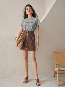 SHEIN Unity Falda Sólida Con Bolsillo Frontal Abotonado - Marrón Chocolate - Ver 1