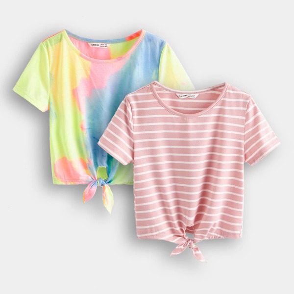 

Girls Knot Hem Tie Dye and Striped Tee, Multicolor