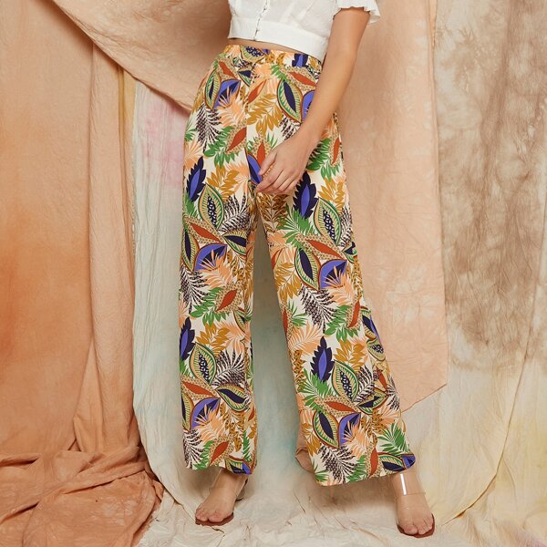 

Elastic Waist Tropical Print Palazzo Pants, Multicolor