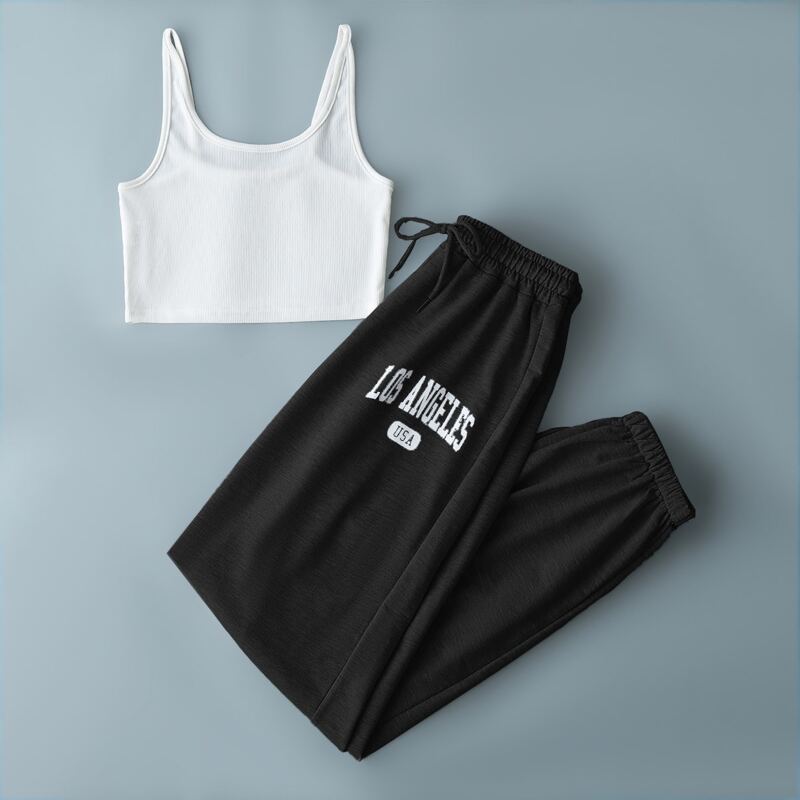 

Crop Tank Top & Letter Sweatpants, Black and white