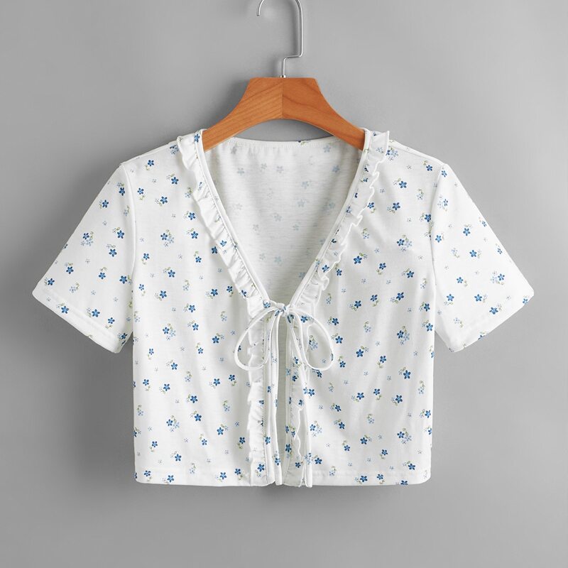 

Frill Trim Ditsy Floral Crop Top, White