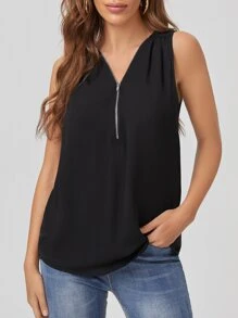 SHEIN LUNE Áo sơ mi Dây kéo màu trơn Giải trí - màu đen - Xem 1