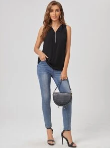 SHEIN LUNE Áo sơ mi Dây kéo màu trơn Giải trí - màu đen - Xem 3