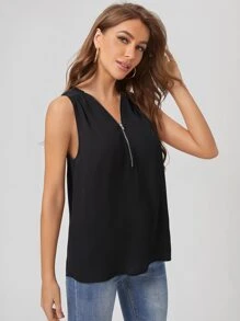 SHEIN LUNE Áo sơ mi Dây kéo màu trơn Giải trí - màu đen - Xem 4