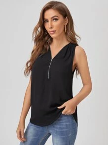 SHEIN LUNE Áo sơ mi Dây kéo màu trơn Giải trí - màu đen - Xem 5