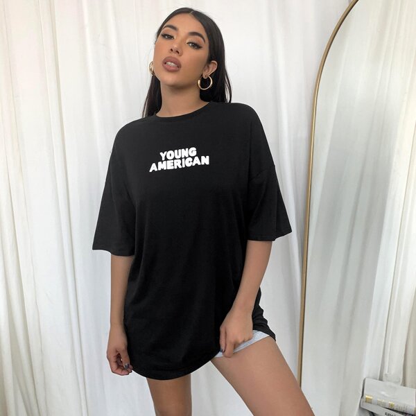 

Drop Shoulder Letter Graphic Longline Tee, Black