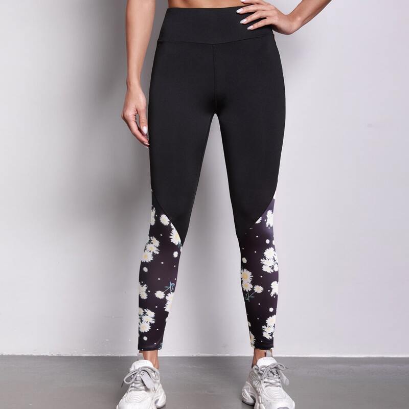 

Daisy Floral Print Sports Leggings, Black