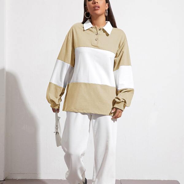

Buttoned Half Placket Colorblock Sweatshirt, Multicolor