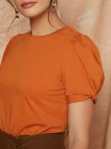SHEIN Clasi Puff Sleeve Top - Burnt Orange - View 3