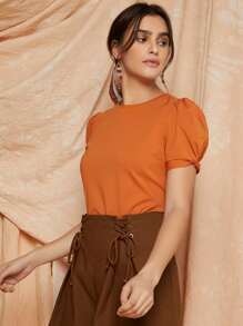 SHEIN Clasi Puff Sleeve Top - Burnt Orange - View 4