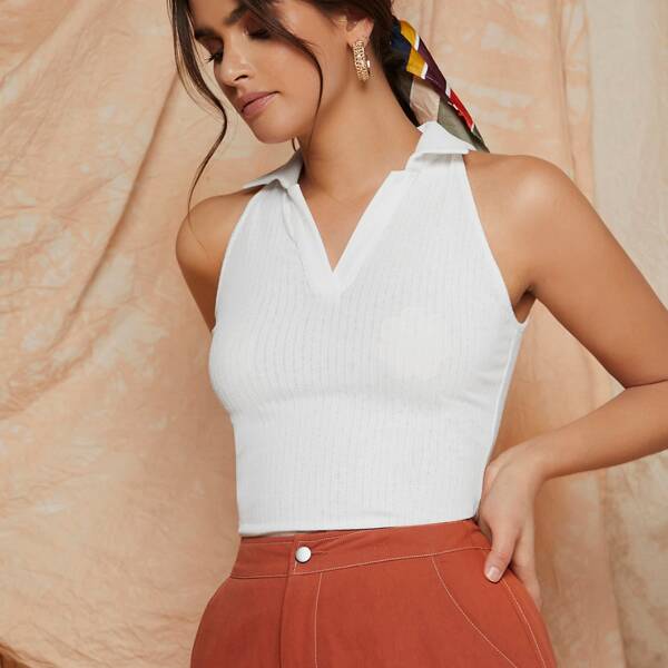 

Collared Rib-knit Tank Top, White