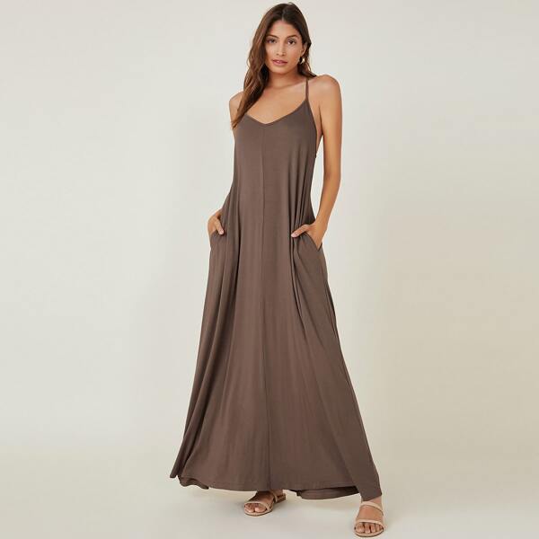 

Solid Pocket Side Cami Dress, Coffee brown