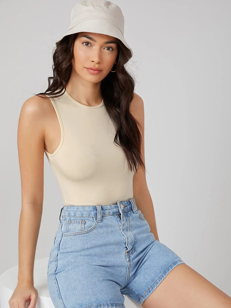 SHEIN BASICS 基本款素色連身背心 - 米色 - 查看 1