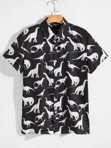 Manfinity Men Dinosaur Print Button Up Shirt - Black and White - View 1