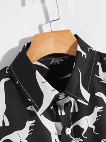 Manfinity Men Dinosaur Print Button Up Shirt - Black and White - View 4