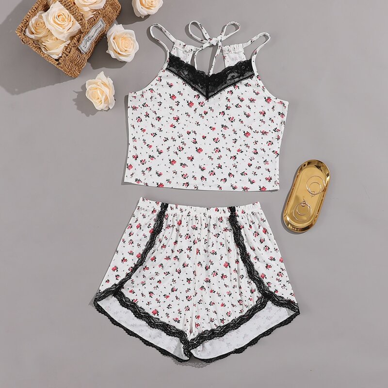 

Ditsy Floral Print Lace Panel Cami PJ Set, White