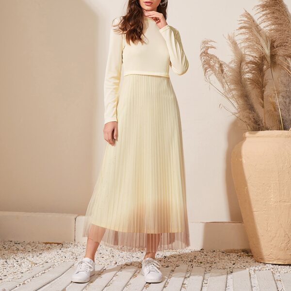 

Ombre Print Contrast Mesh Pleated Hem Dress, Apricot