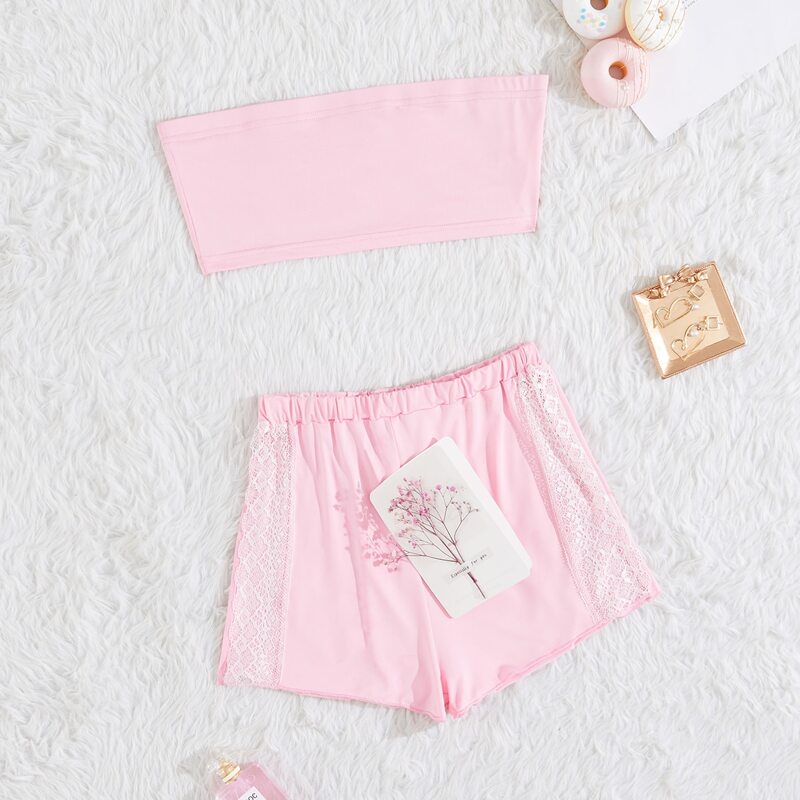 

Tube Top With Lace Panel Shorts Night Set, Pink