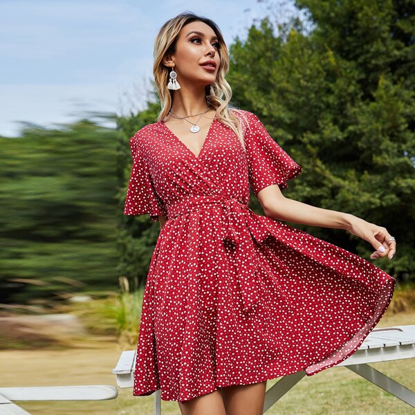 

Surplice Front Allover Heart Belted Dress, Red