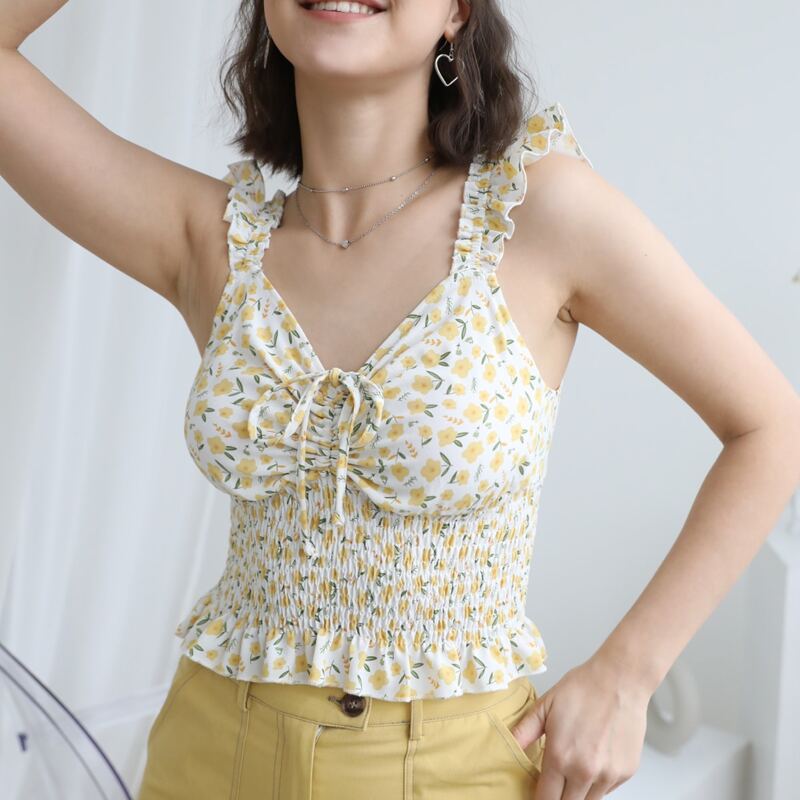 

Ditsy Floral Drawstring Shirred Top, Yellow