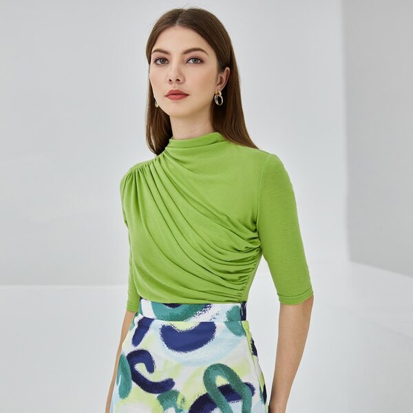 

Solid Mock Neck Ruched Front Tee, Lime green