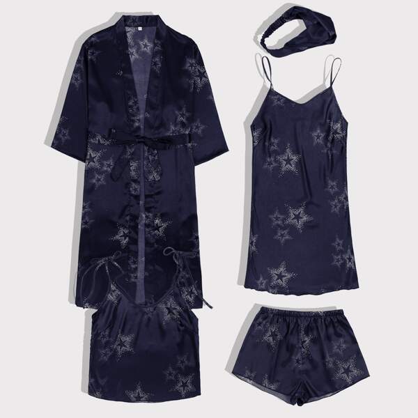 

5 Pack Satin Galaxy Print Belted Night Set, Navy blue