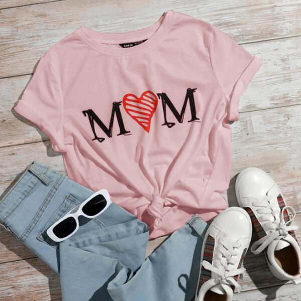 

Letter & Heart Graphic Tee, Pastel baby pink