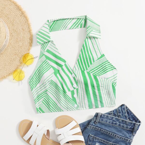 

Collared Buttoned Front Zebra Striped Halter Top, Multicolor