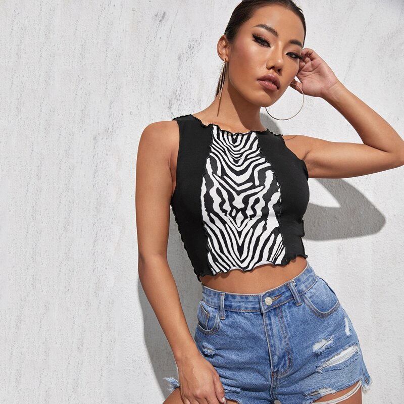 

Lettuce Trim Zebra Striped Panel Crop Tank Top, Black and white