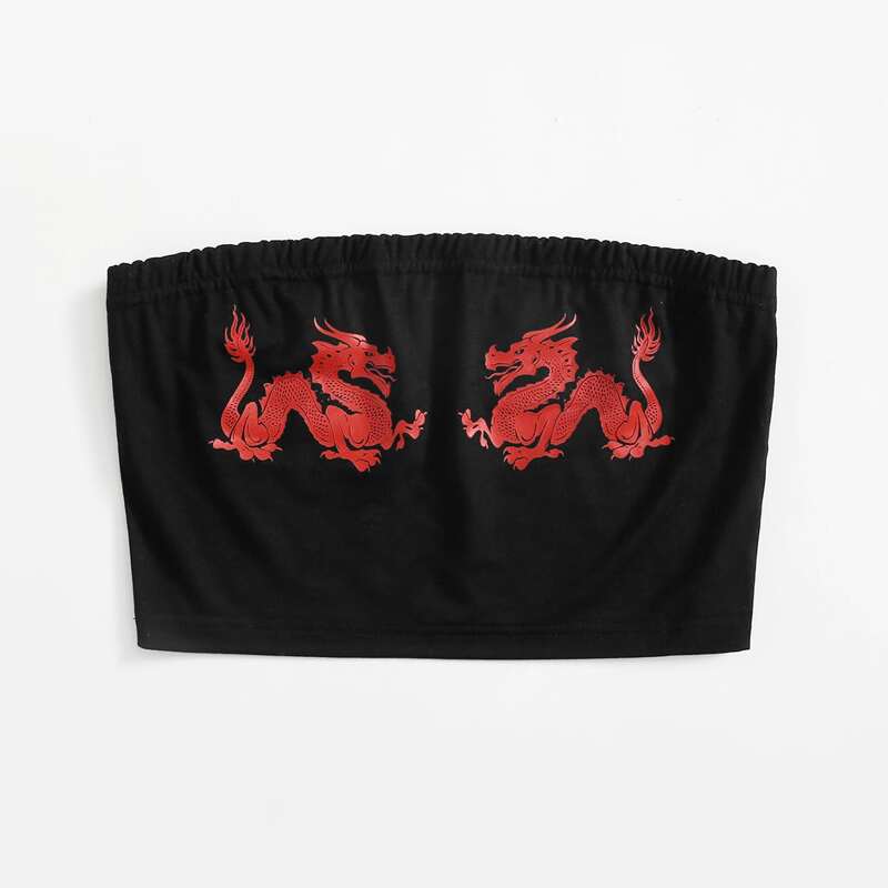 

Chinese Dragon Graphic Crop Tube Top, Black